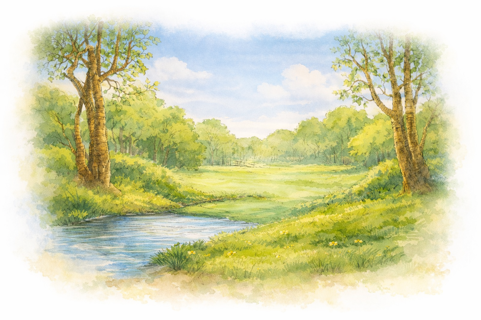 Hundred Acre Wood watercolor landscape